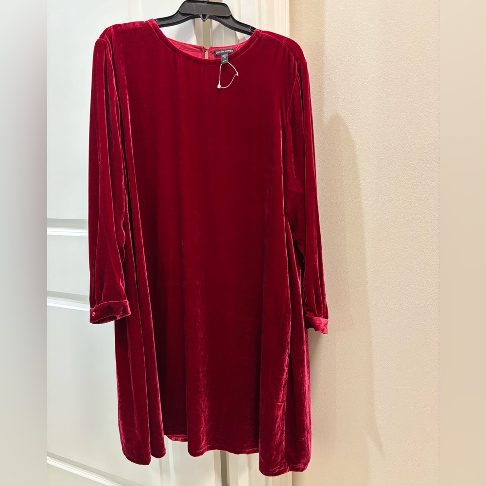 EILEEN FISHER Burgundy/ dark red velvet Long Sleeve Swing Dress EUC